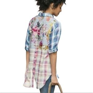 Soft Surroundings Serena Embroidered Plaid Button Up Tunic Mixed Media Floral M